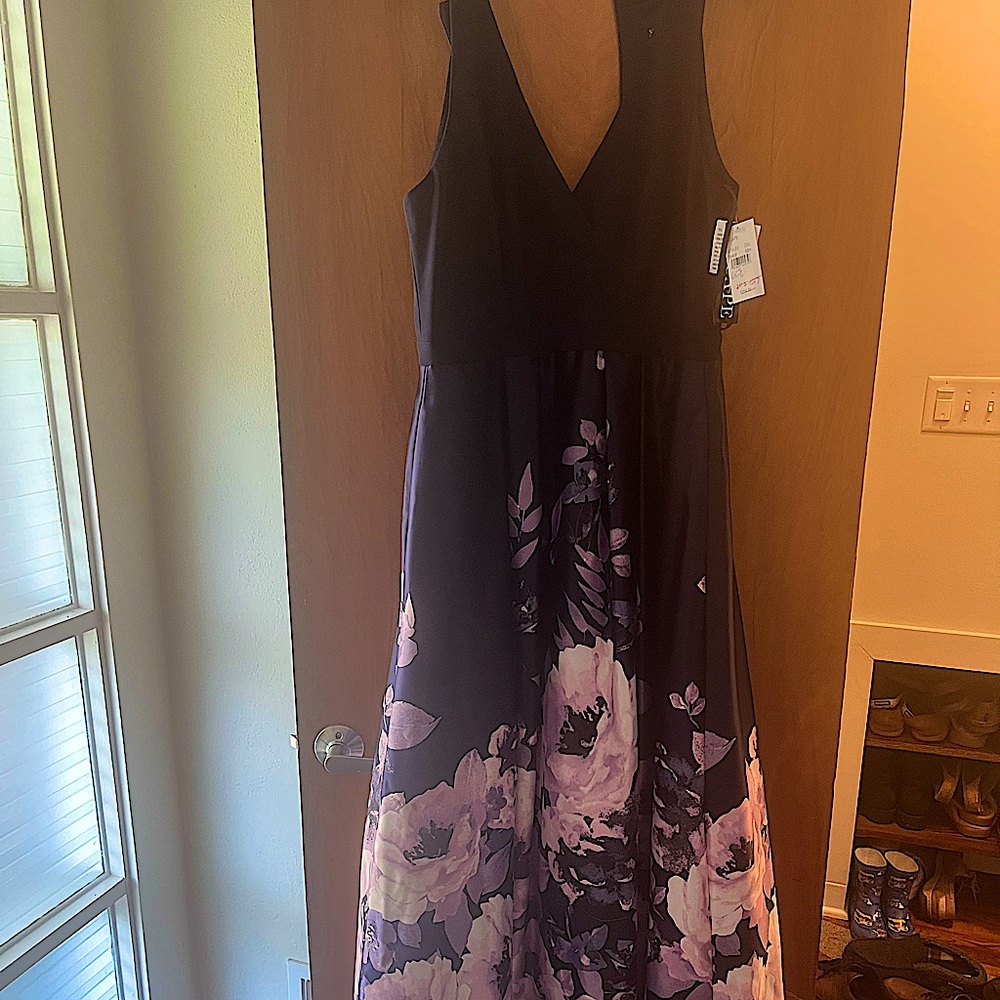 Xscape Black and Purple Floral Backless Dress